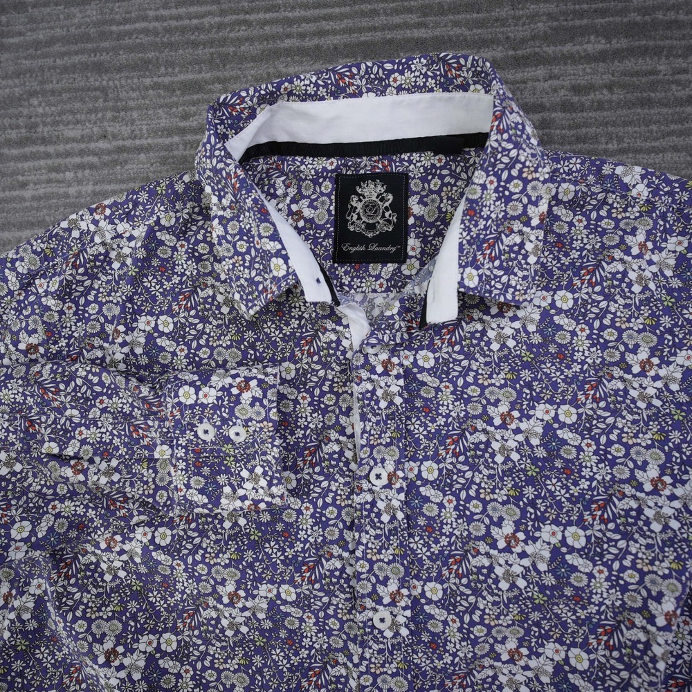 English Laundry Shirt Men XL Purple Floral Cotton Long Sleeve Button Up